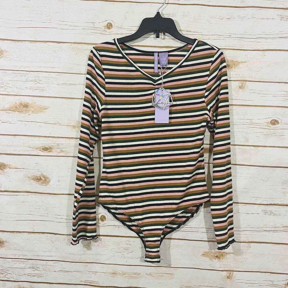 Good Luck Girl multicolor striped long sleeve stretchy women's body suit XL
